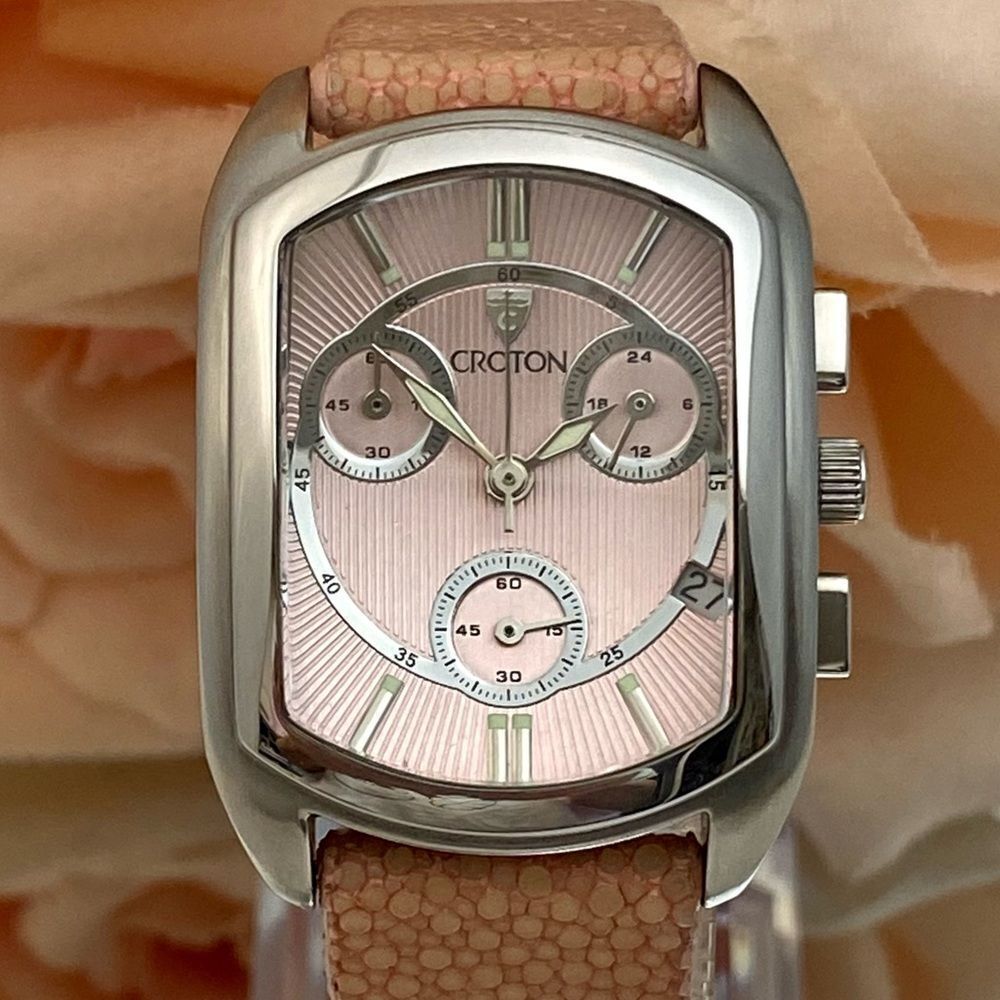 Croton All Stainless Steel Swiss Quartz Chronograph Pink Dial Sharkskin Strap